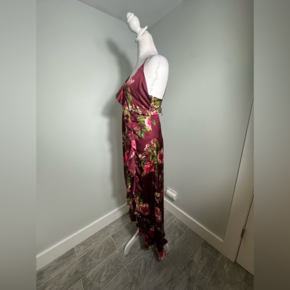 VICI Capriccio Satin Floral Ruffle  Burgundy Maxi Dress- Size Medium - Picture 7 of 17